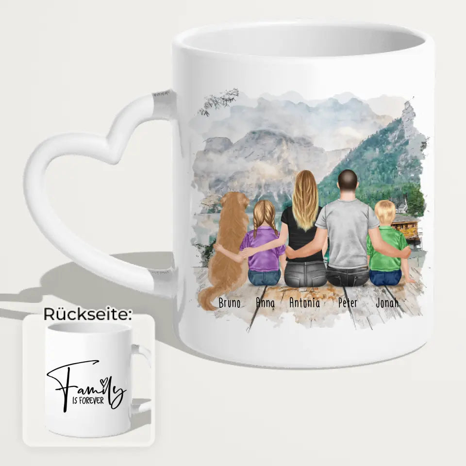 Personalisierte Tasse mit Familie + 1 Hund (2 Kinder)