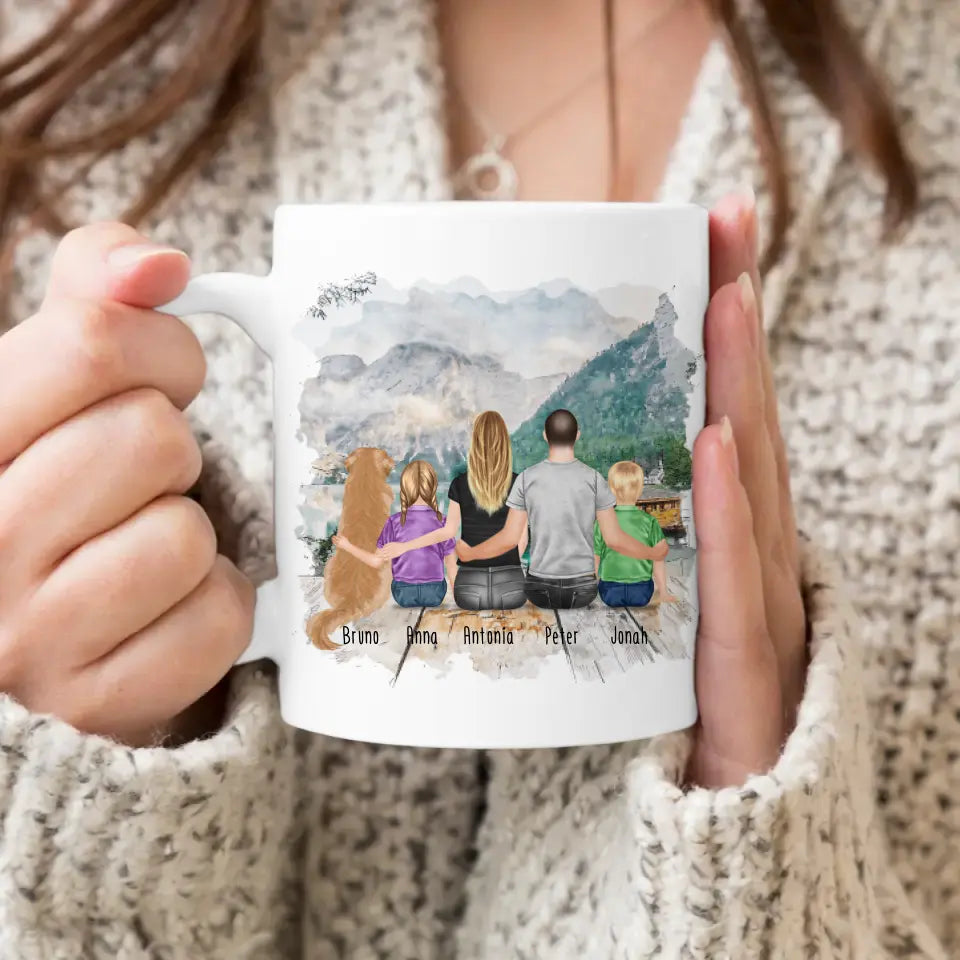 Personalisierte Tasse mit Familie + 1 Hund (2 Kinder)