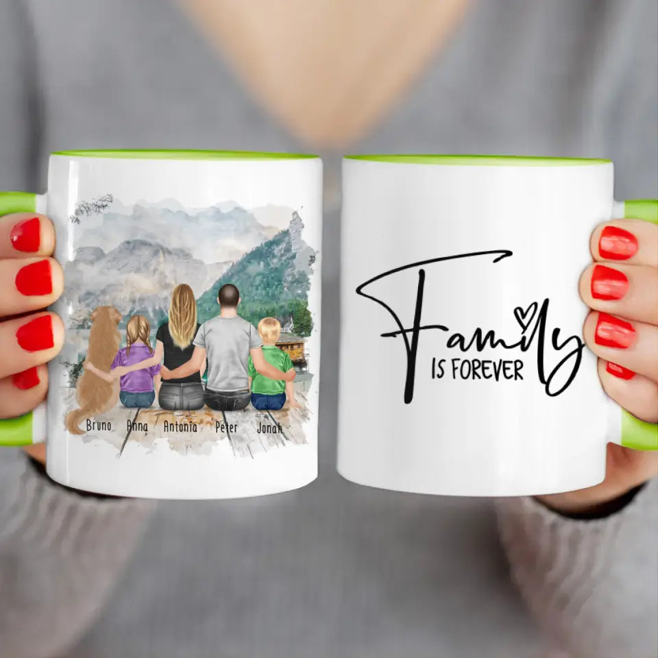 Personalisierte Tasse mit Familie + 1 Hund (2 Kinder)