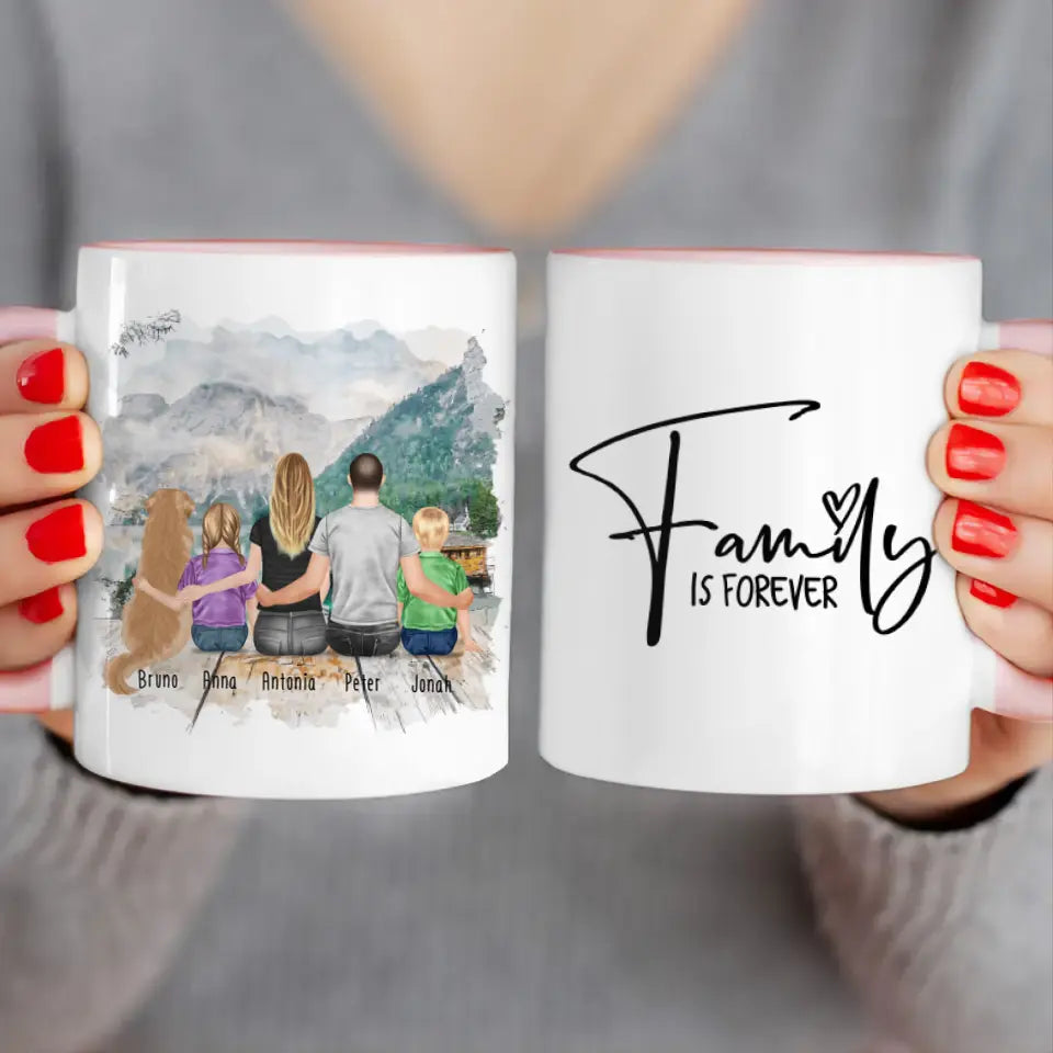 Personalisierte Tasse mit Familie + 1 Hund (2 Kinder)