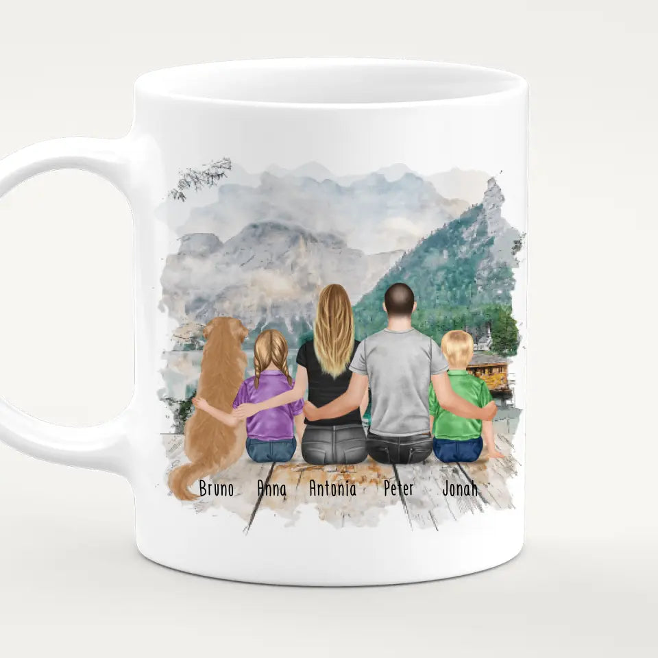 Personalisierte Tasse mit Familie + 1 Hund (2 Kinder)