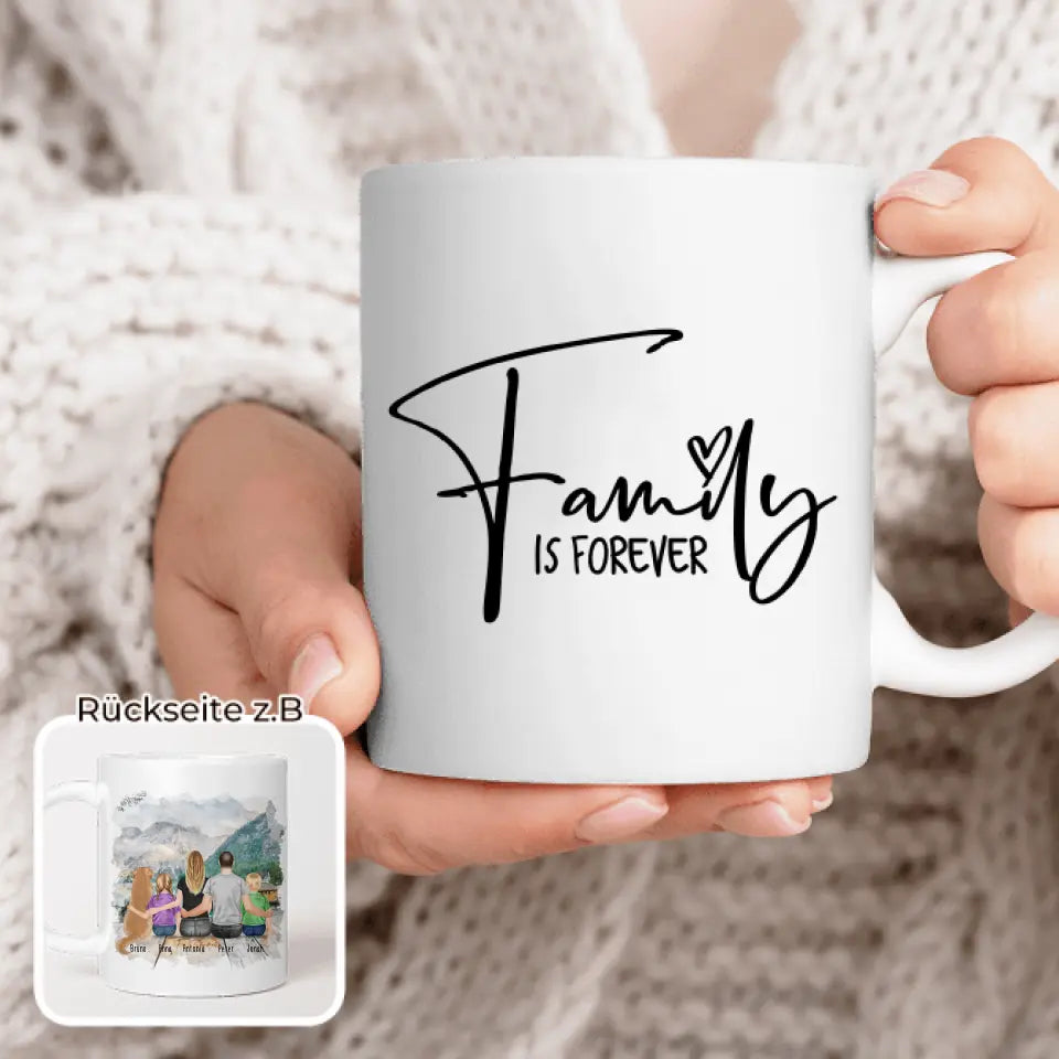 Personalisierte Tasse mit Familie + 1 Hund (2 Kinder)