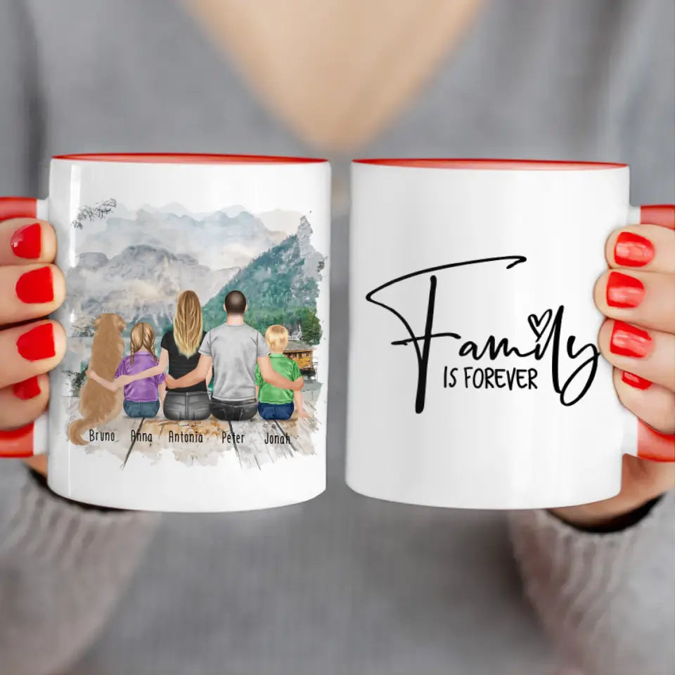 Personalisierte Tasse mit Familie + 1 Hund (2 Kinder)