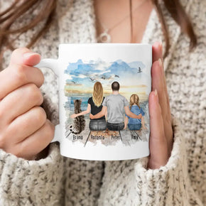 Personalisierte Tasse mit Familie + 1 Katze (1 Kind)