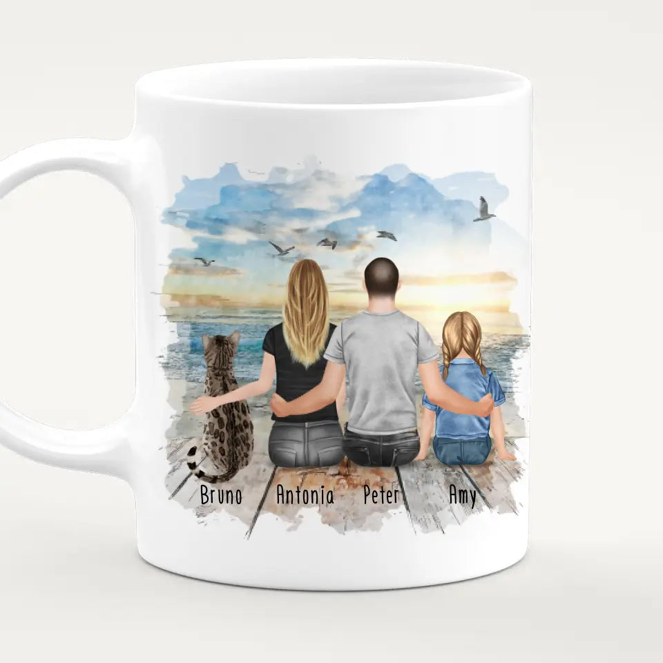 Personalisierte Tasse mit Familie + 1 Katze (1 Kind)