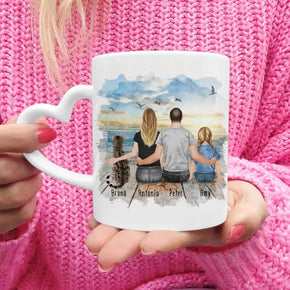 Personalisierte Tasse mit Familie + 1 Katze (1 Kind)