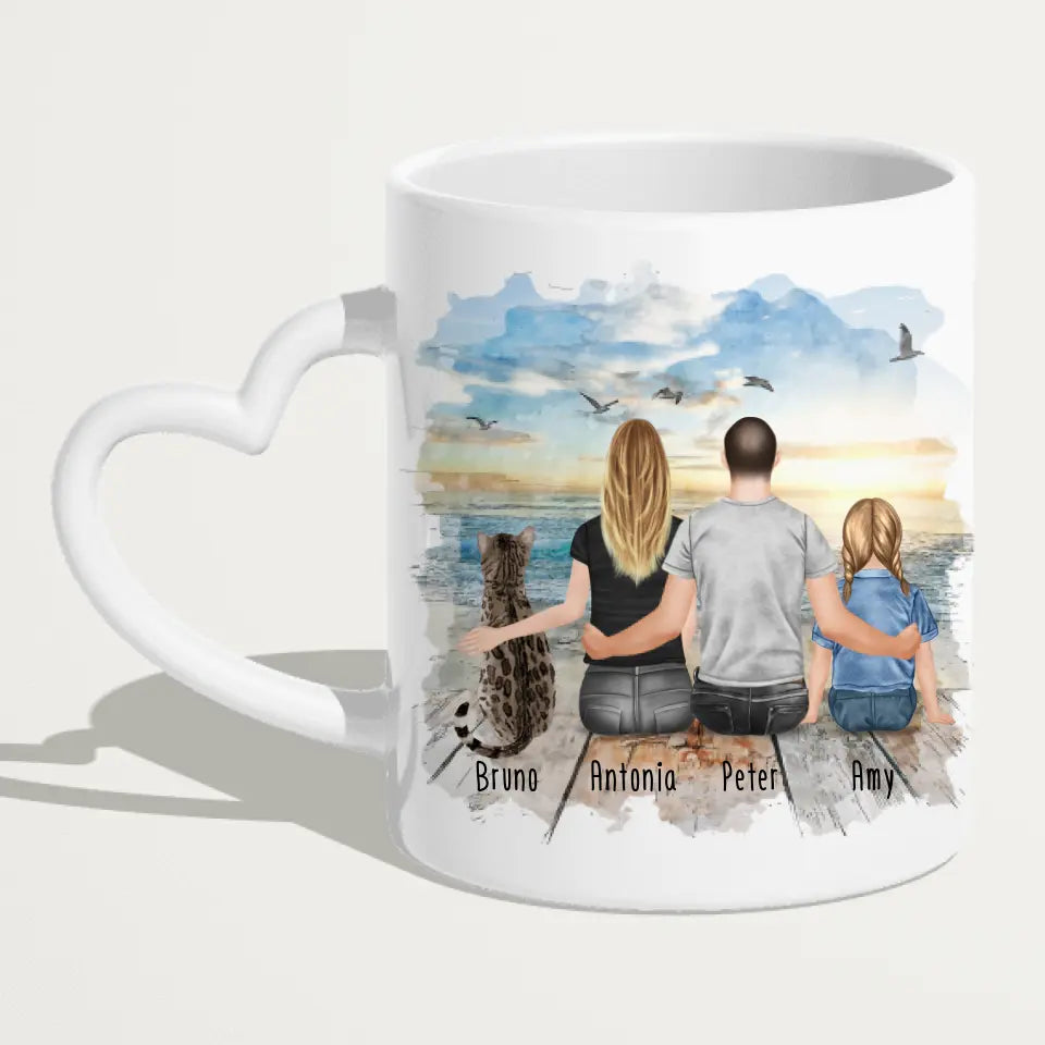 Personalisierte Tasse mit Familie + 1 Katze (1 Kind)