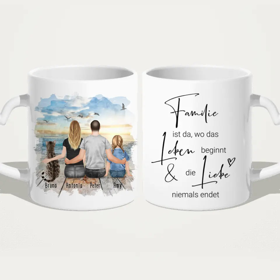 Personalisierte Tasse mit Familie + 1 Katze (1 Kind)