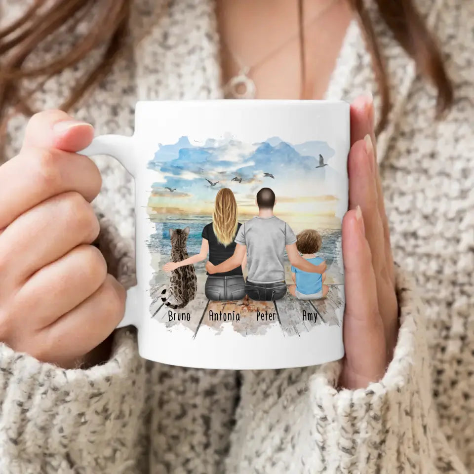 Personalisierte Tasse mit Familie + 1 Katze (1 Baby)