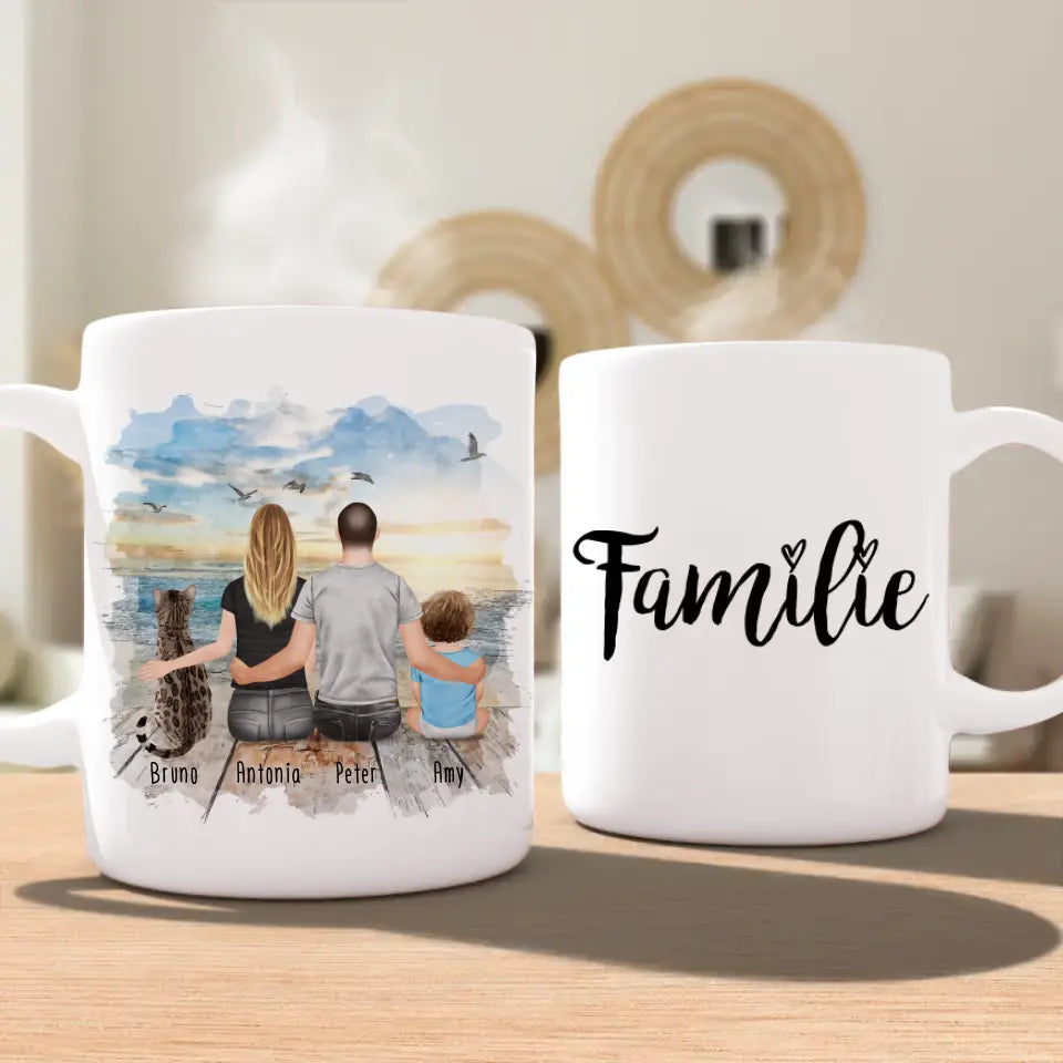 Personalisierte Tasse mit Familie + 1 Katze (1 Baby)