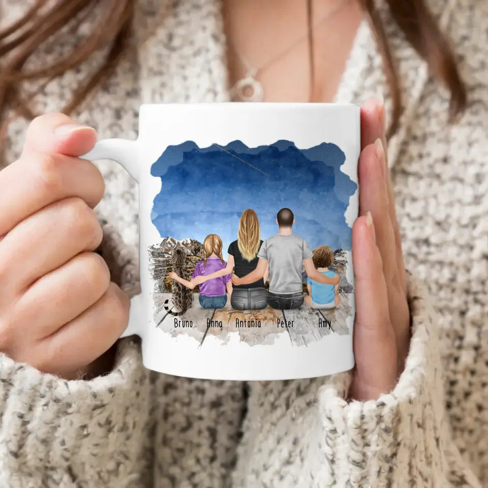 Personalisierte Tasse mit Familie + 1 Katze (1 Baby + 1 Kind)