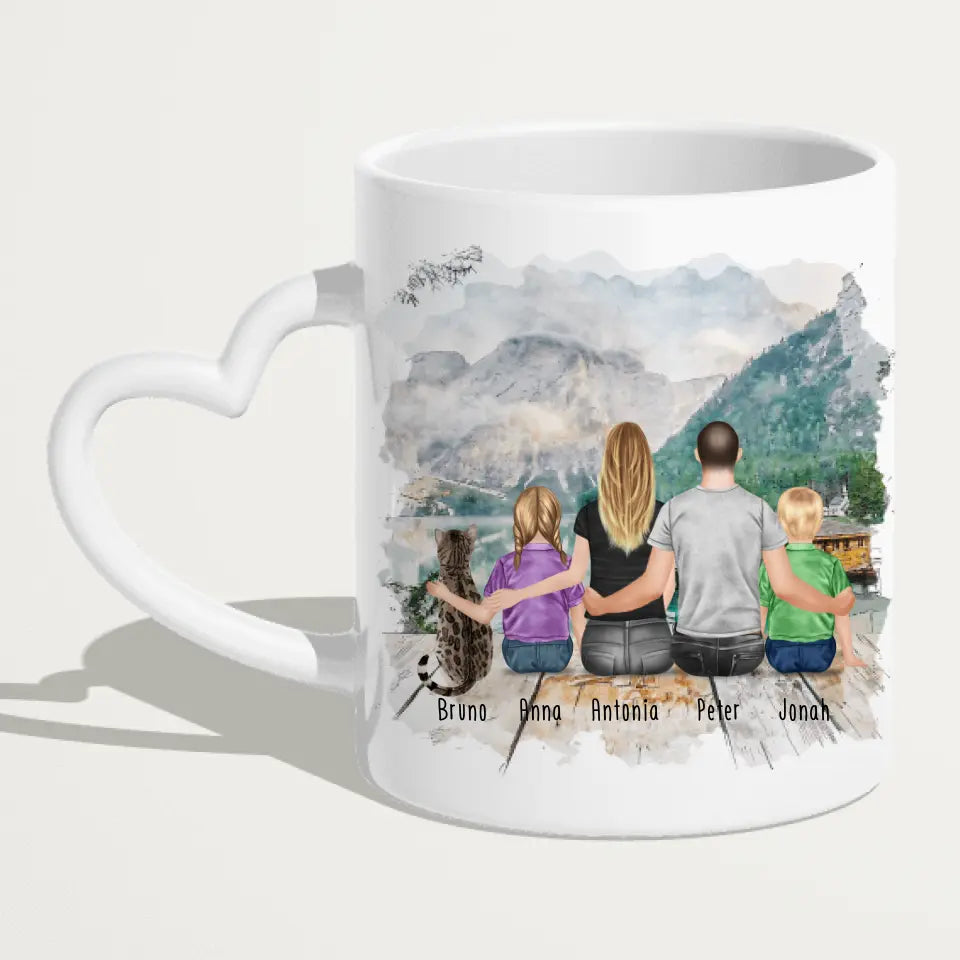 Personalisierte Tasse mit Familie + 1 Katze (2 Kinder)