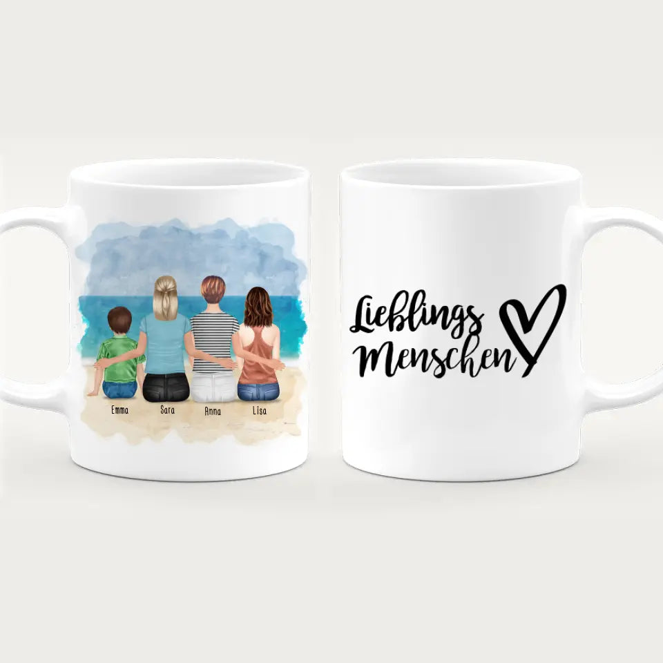 Personalisierte Tasse mit 2 Frauen + 1 Kind + 1 Teenagerin