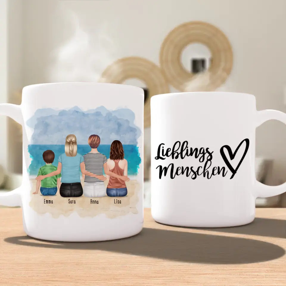 Personalisierte Tasse mit 2 Frauen + 1 Kind + 1 Teenagerin