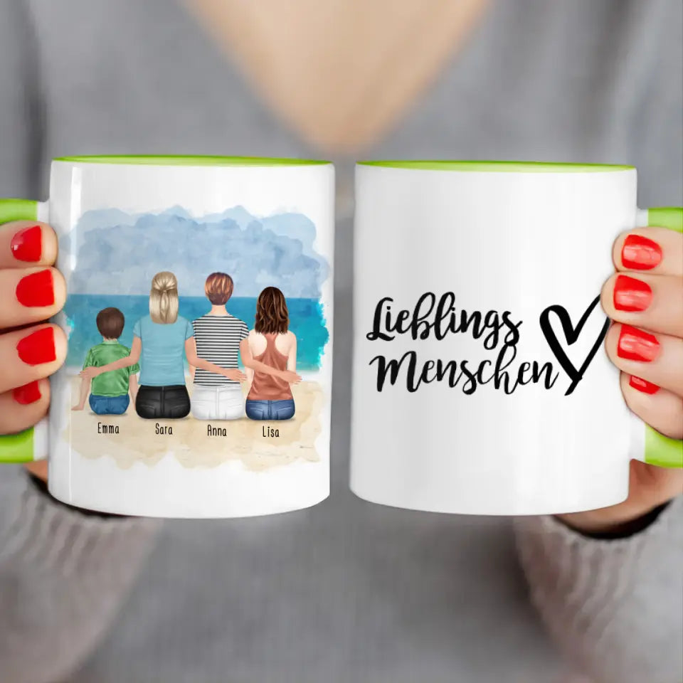 Personalisierte Tasse mit 2 Frauen + 1 Kind + 1 Teenagerin