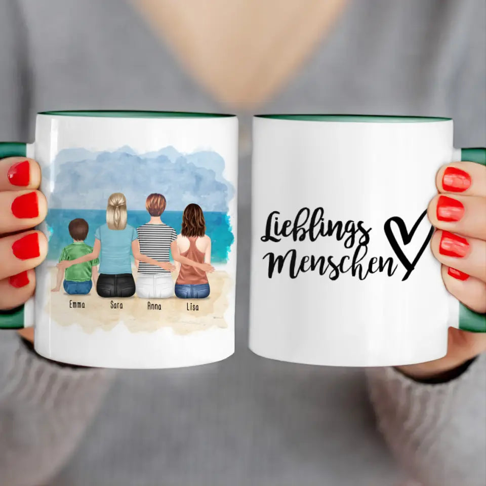 Personalisierte Tasse mit 2 Frauen + 1 Kind + 1 Teenagerin