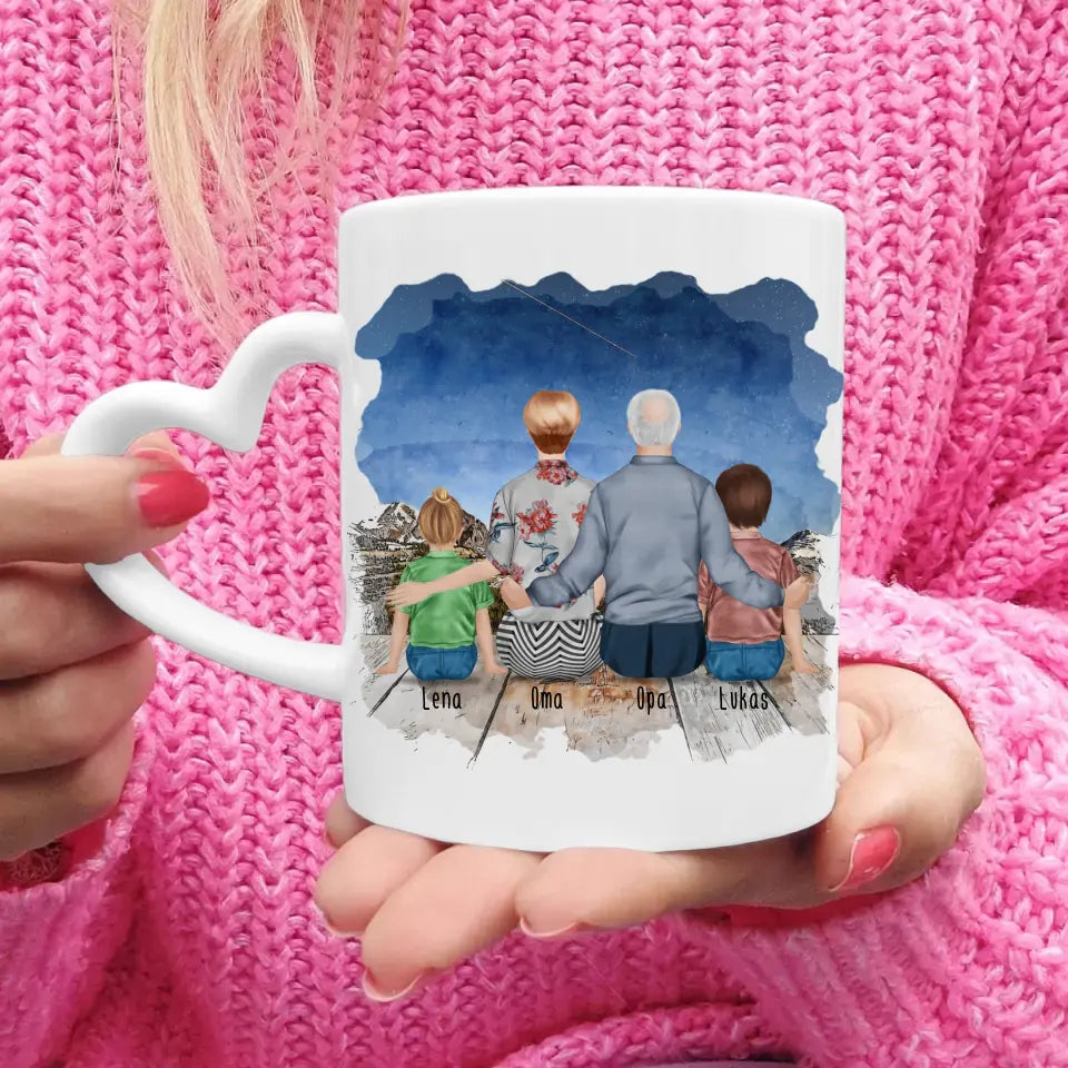 Personalisierte Tasse für Oma und Opa (1 Kleinkind + 1 Kind + 1 Oma + 1 Opa)