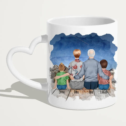 Personalisierte Tasse für Oma und Opa (1 Kleinkind + 1 Kind + 1 Oma + 1 Opa)