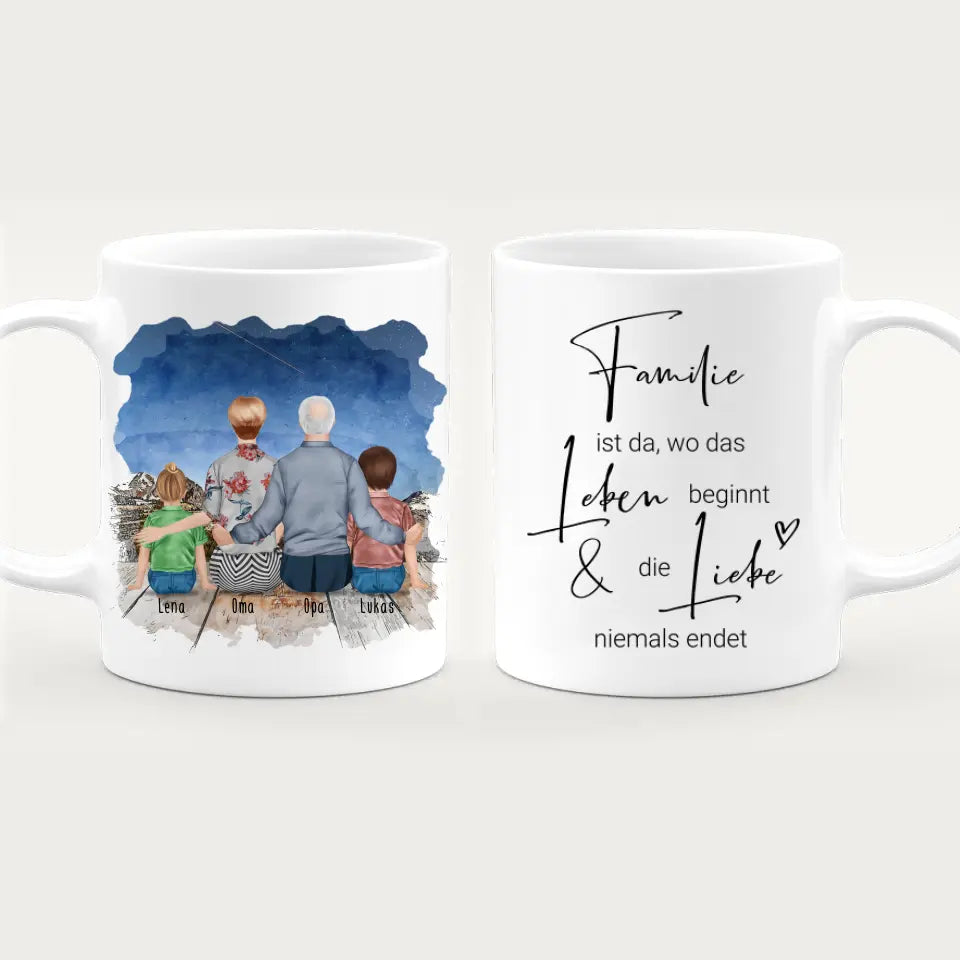 Personalisierte Tasse für Oma und Opa (1 Kleinkind + 1 Kind + 1 Oma + 1 Opa)