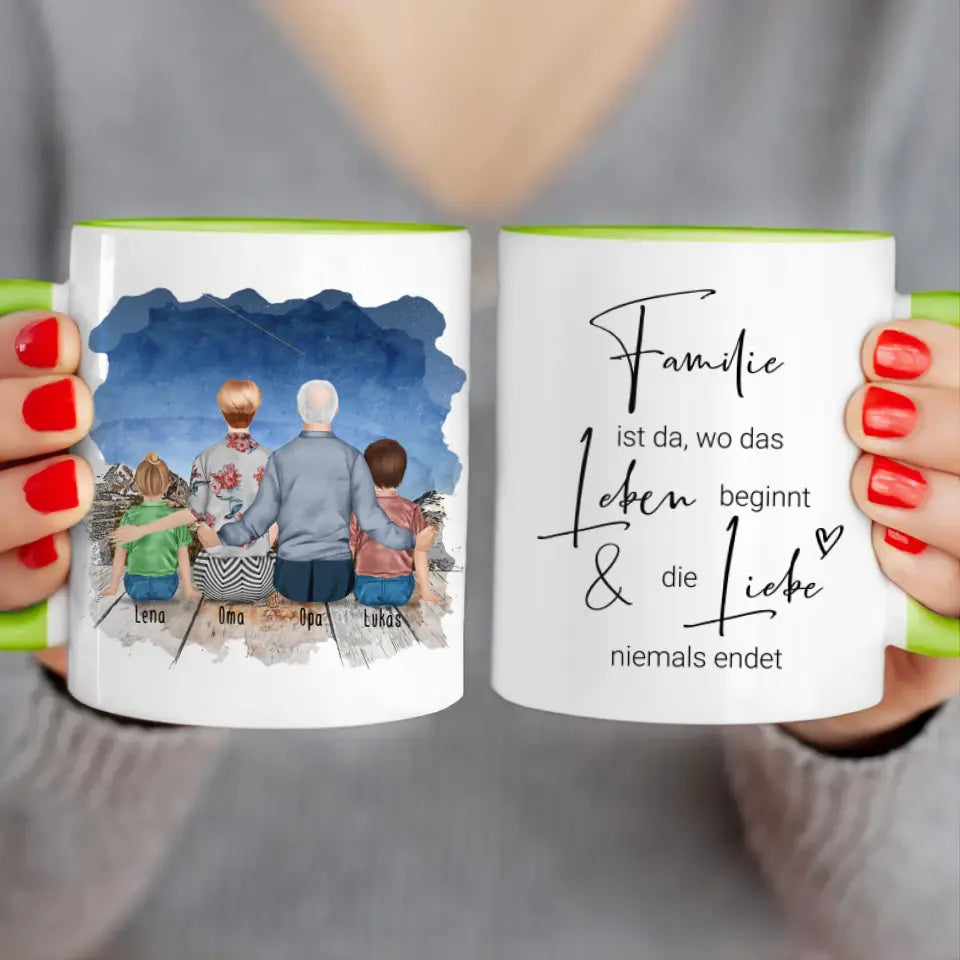 Personalisierte Tasse für Oma und Opa (1 Kleinkind + 1 Kind + 1 Oma + 1 Opa)