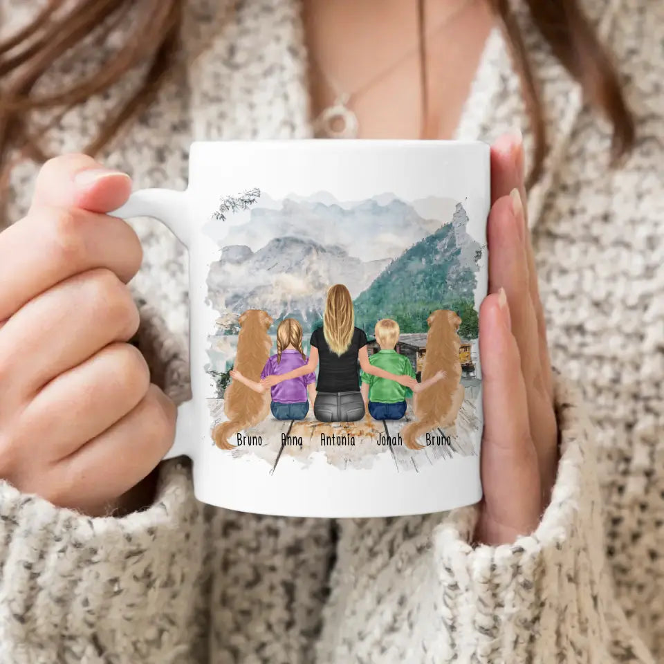 Personalisierte Tasse mit 1 Frau + 2 Kindern + 2 Hunden