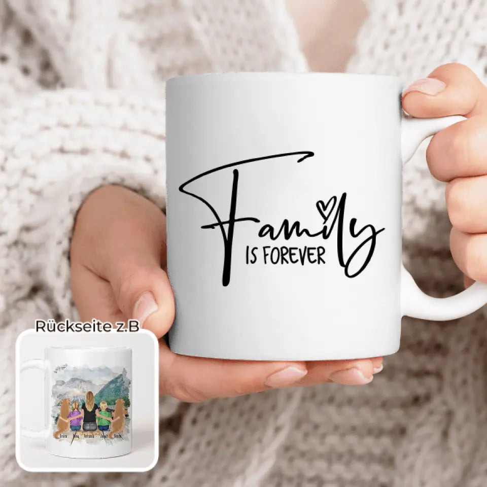 Personalisierte Tasse mit 1 Frau + 2 Kindern + 2 Hunden