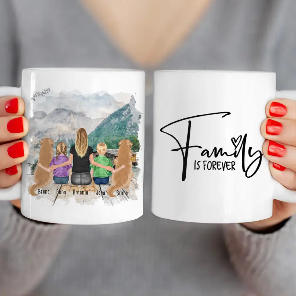 Personalisierte Tasse mit 1 Frau + 2 Kindern + 2 Hunden