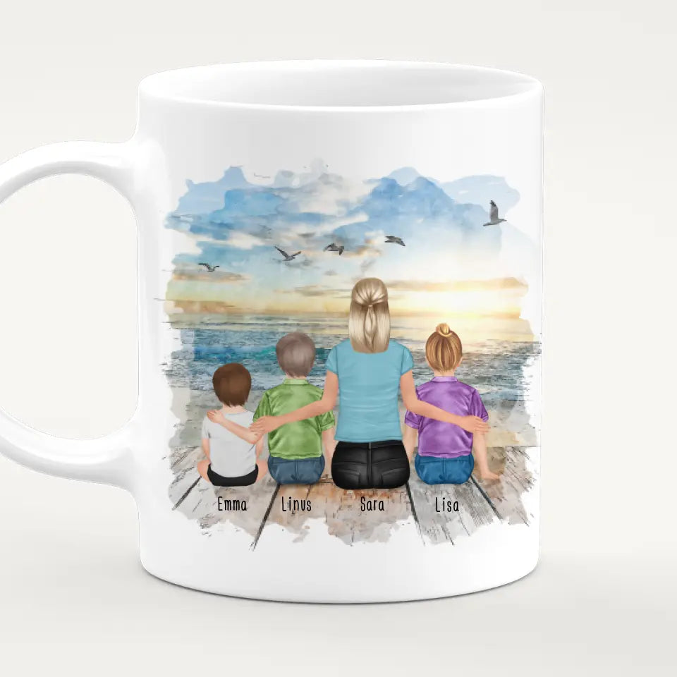 Personalisierte Tasse mit Tante (1 Baby + 2 Kinder + 1 Tante)