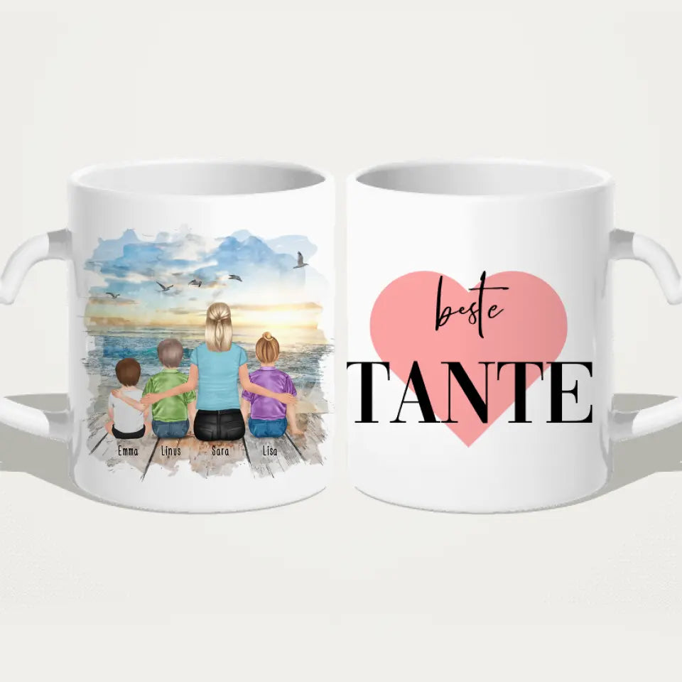 Personalisierte Tasse mit Tante (1 Baby + 2 Kinder + 1 Tante)