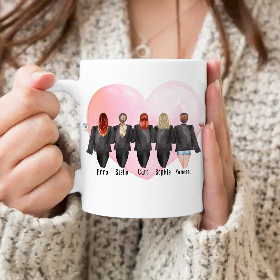 Personalisierte Tasse - Beste Freundinnen mit Jacken (5 Freundinnen)