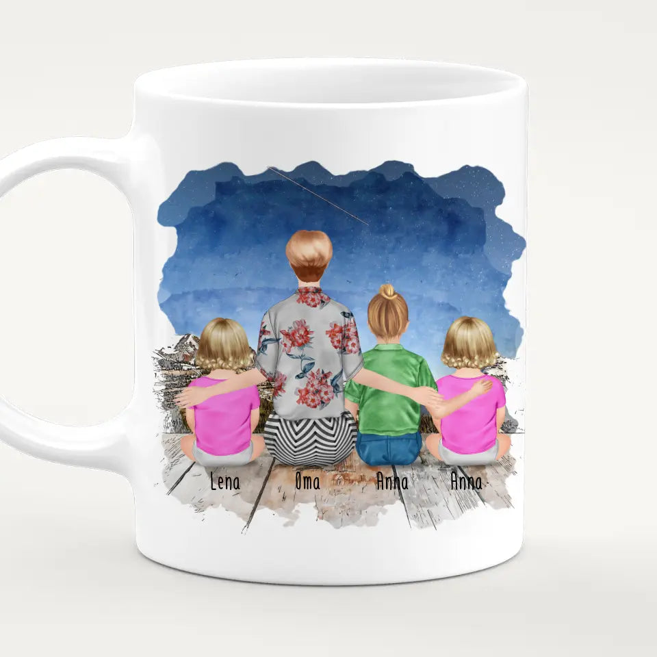 Personalisierte Tasse für Oma (2 Babys + 1 Kind + 1 Oma)