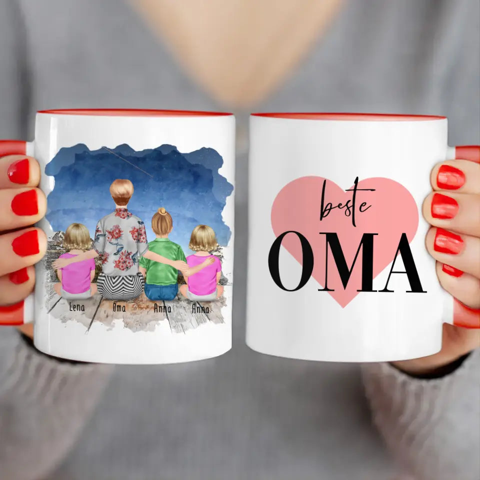 Personalisierte Tasse für Oma (2 Babys + 1 Kind + 1 Oma)