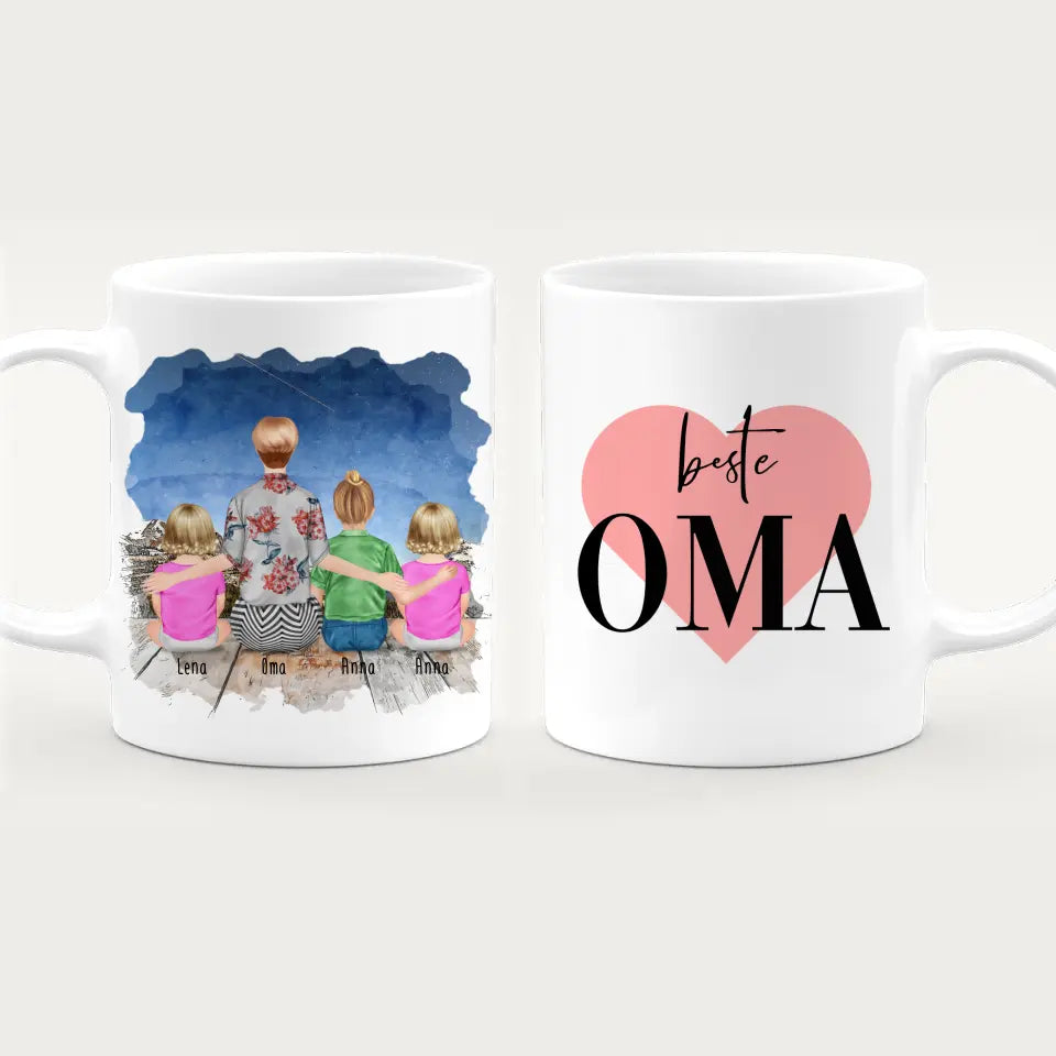 Personalisierte Tasse für Oma (2 Babys + 1 Kind + 1 Oma)