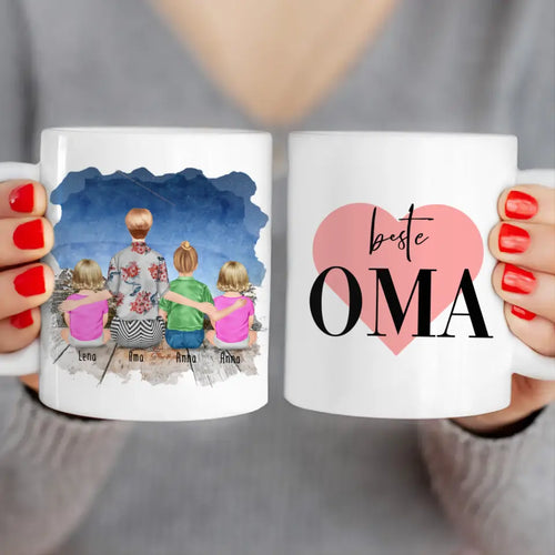 Personalisierte Tasse für Oma (2 Babys + 1 Kind + 1 Oma)