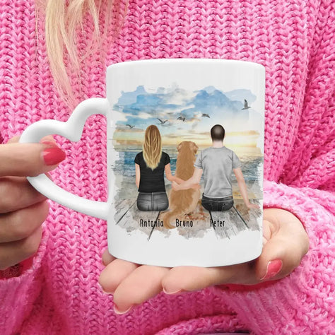 Personalisierte Tasse mit Pärchen und 1 Hund (Hund in der Mitte)