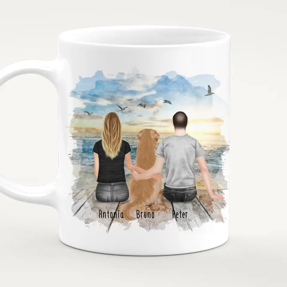 Personalisierte Tasse mit Pärchen und 1 Hund (Hund in der Mitte)