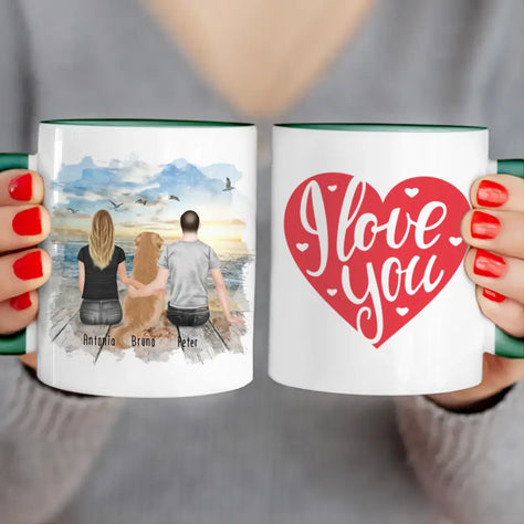 Personalisierte Tasse mit Pärchen und 1 Hund (Hund in der Mitte)