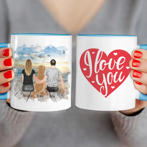 Personalisierte Tasse mit Pärchen und 1 Hund (Hund in der Mitte)