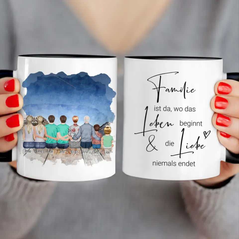 Personalisierte Tasse - 2 Frauen + 2 Männer + 1 Oma + 1 Opa + 1 Kind