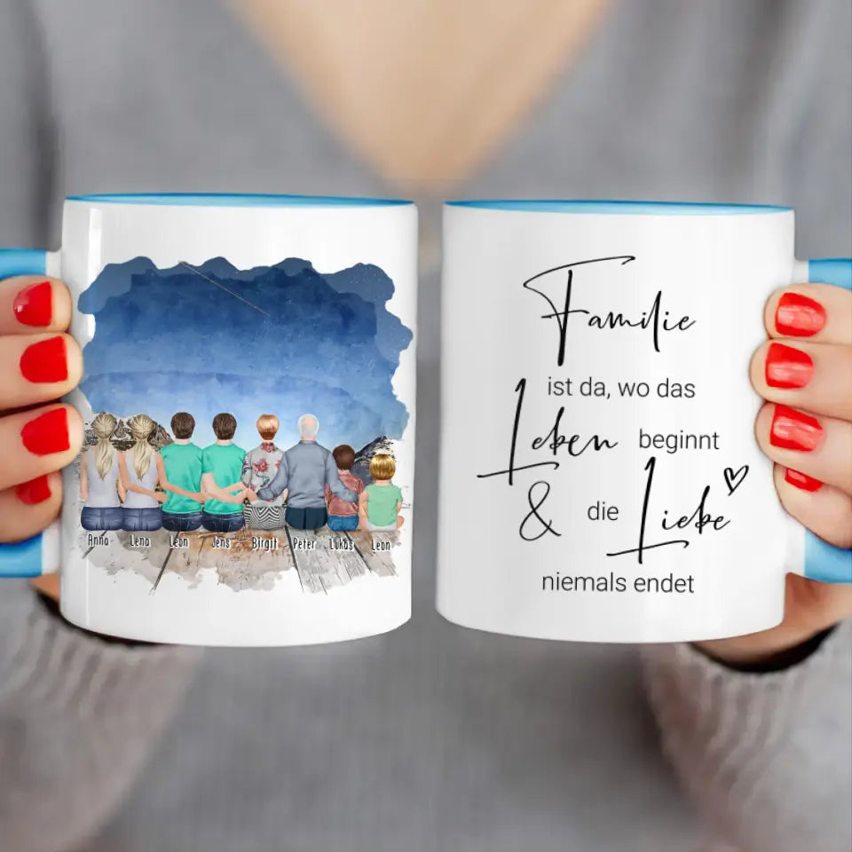 Personalisierte Tasse - 2 Frauen + 2 Männer + 1 Oma + 1 Opa + 1 Kind