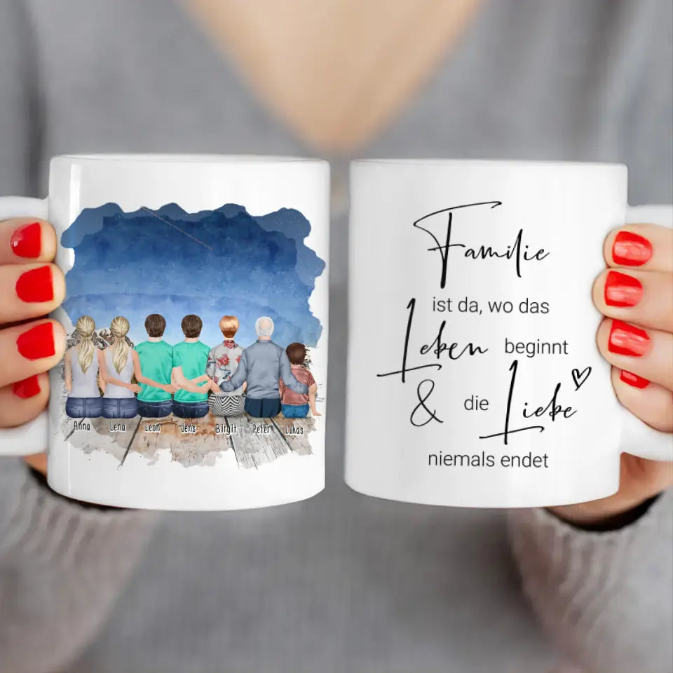 Personalisierte Tasse - 2 Frauen + 2 Männer + 1 Oma + 1 Opa + 1 Kind