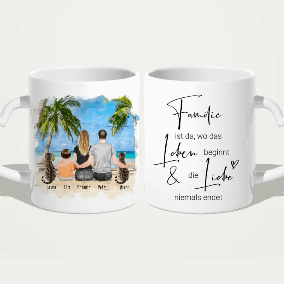 Personalisierte Tasse mit Familie + 2 Katzen (1 Baby)