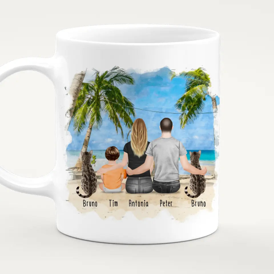 Personalisierte Tasse mit Familie + 2 Katzen (1 Baby)