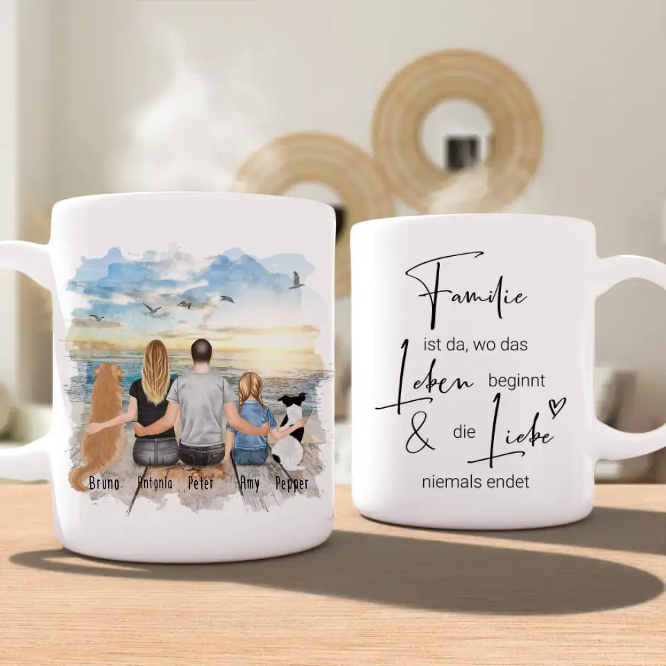 Personalisierte Tasse mit Familie + 2 Hund2 (1 Kind)