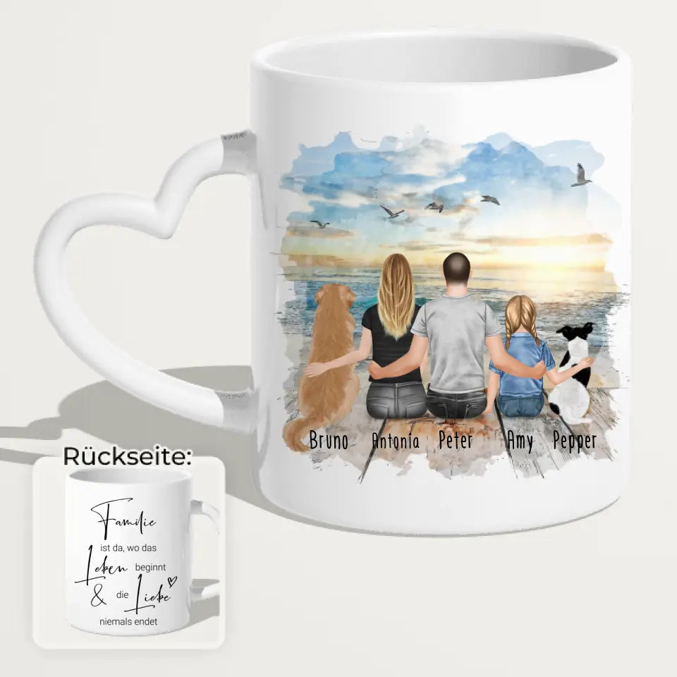 Personalisierte Tasse mit Familie + 2 Hund2 (1 Kind)