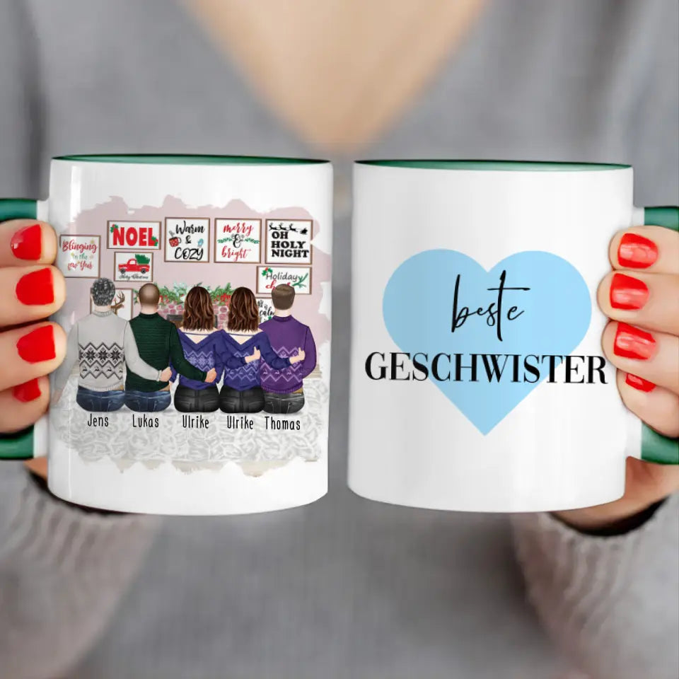 Personalisierte Tasse mit Bruder/Schwester (2 Schwestern + 3 Brüder) - Weihnachtstasse