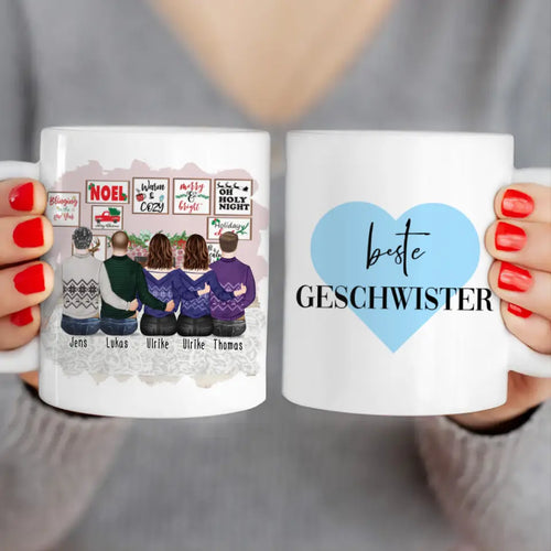 Personalisierte Tasse mit Bruder/Schwester (2 Schwestern + 3 Brüder) - Weihnachtstasse