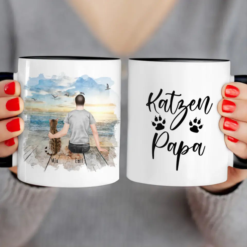 Personalisierte Tasse mit Katze und Mann (1 Katze + 1 Mann)