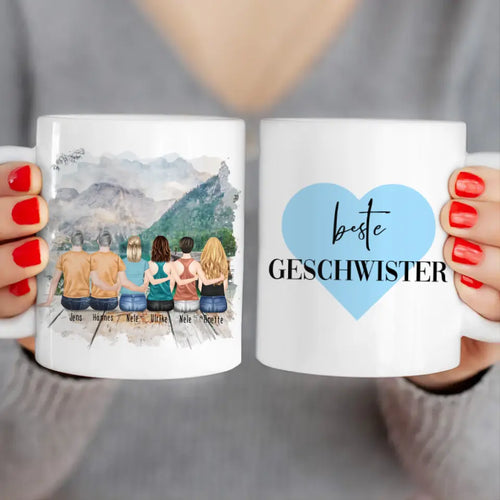 Personalisierte Tasse mit Bruder/Schwester (4 Schwestern + 2 Brüder)