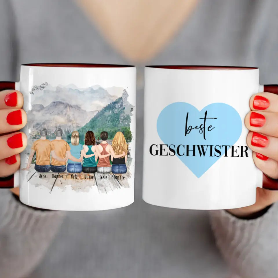 Personalisierte Tasse mit Bruder/Schwester (4 Schwestern + 2 Brüder)